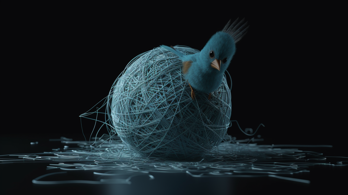 An AI generated  illustration of a Twitter like bird sitting on a ball of thread. 