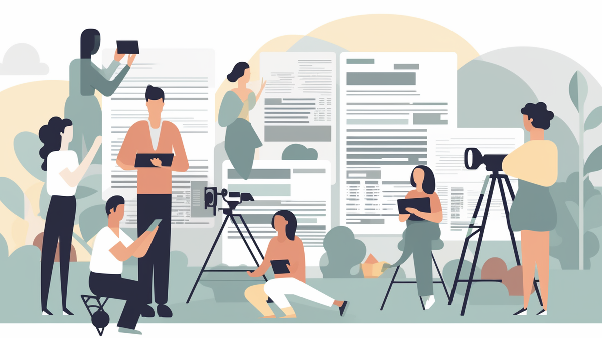 Illustration style image of students experimenting with different tools and AI in learning journalism