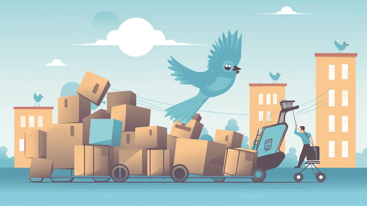 An illustration of a man pulling a trolly of boxes along a road a blue twitter bird flaps overhead